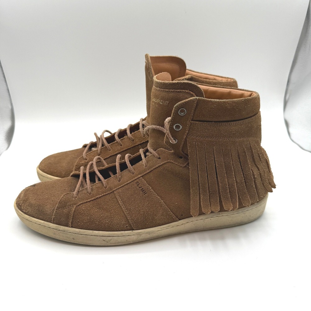 Saint Laurent High Top Sneakers Mens 46.5 US13.5 Brown Fringe Suede Italian Lux